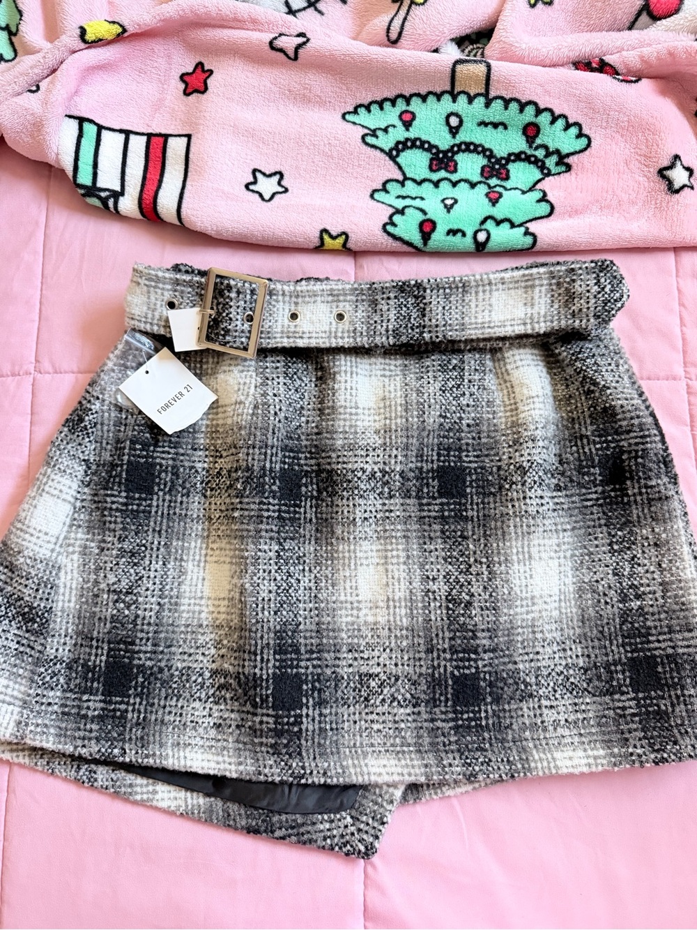 Forever 21 Black and White Plaid Belted Mini Skirt with Silver Buckle